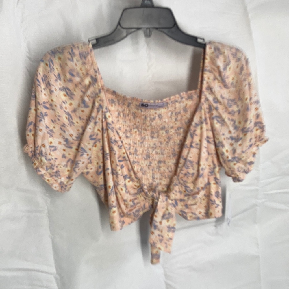 SO top floral print tie front smocked back puff sleeve crop top boho L jrs - Picture 11 of 16